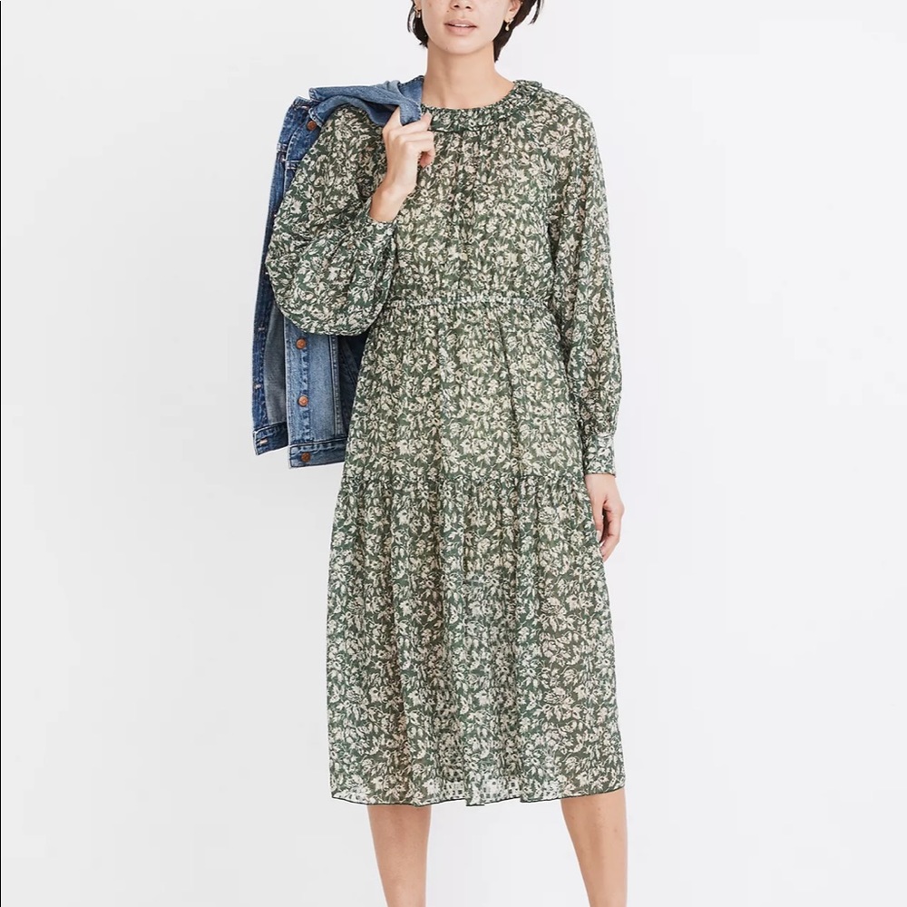 NWT Madewell Ruffle-Neck Tiered Midi Dress in Forest Leaves